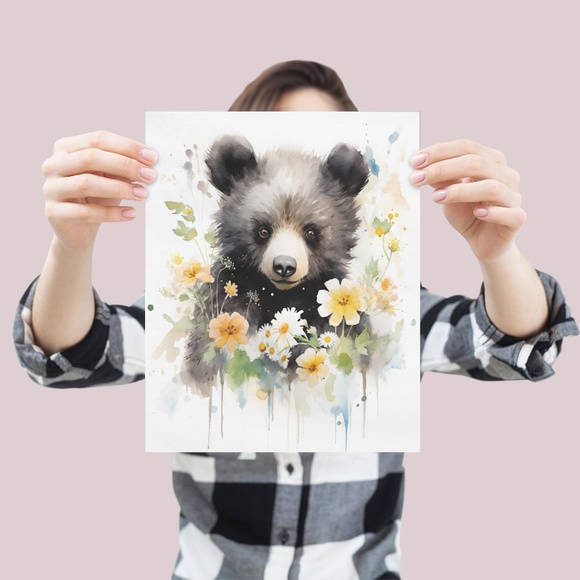 Watercolor Floral Black Bear Portrait Wall Art Illustration Print Unframed - Picture 4 of 5